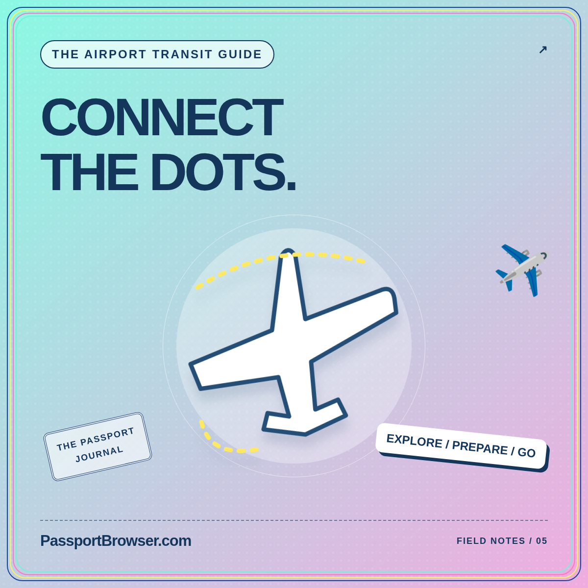 Your connection is part of the journey. Illustrated plane card branded PassportBrowser.com.