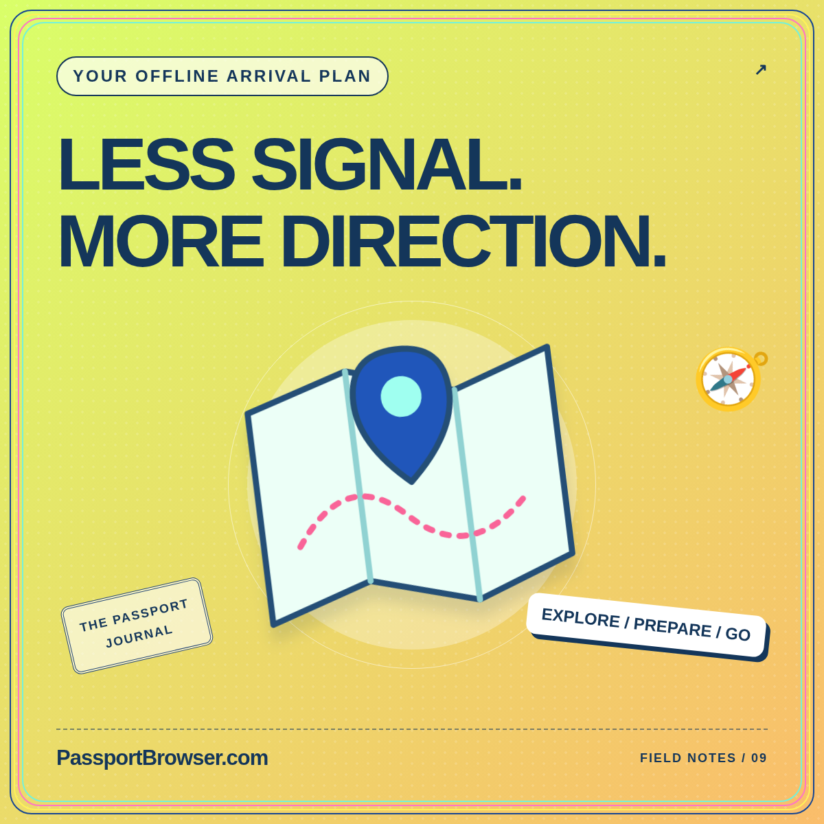 Find your way, even when the signal goes. Illustrated map card branded PassportBrowser.com.
