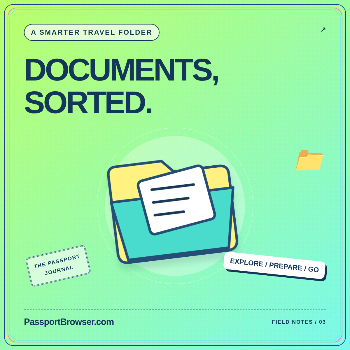 Your whole trip. In the right place. Illustrated folder card branded PassportBrowser.com.