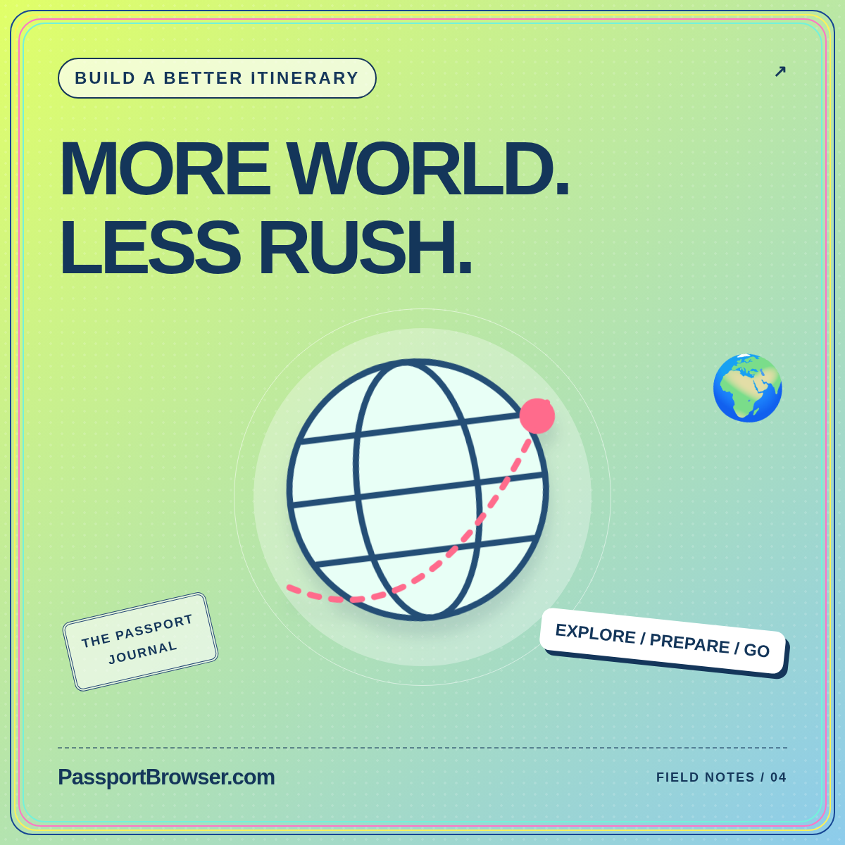 More time in places. Less time in transit. Illustrated globe card branded PassportBrowser.com.