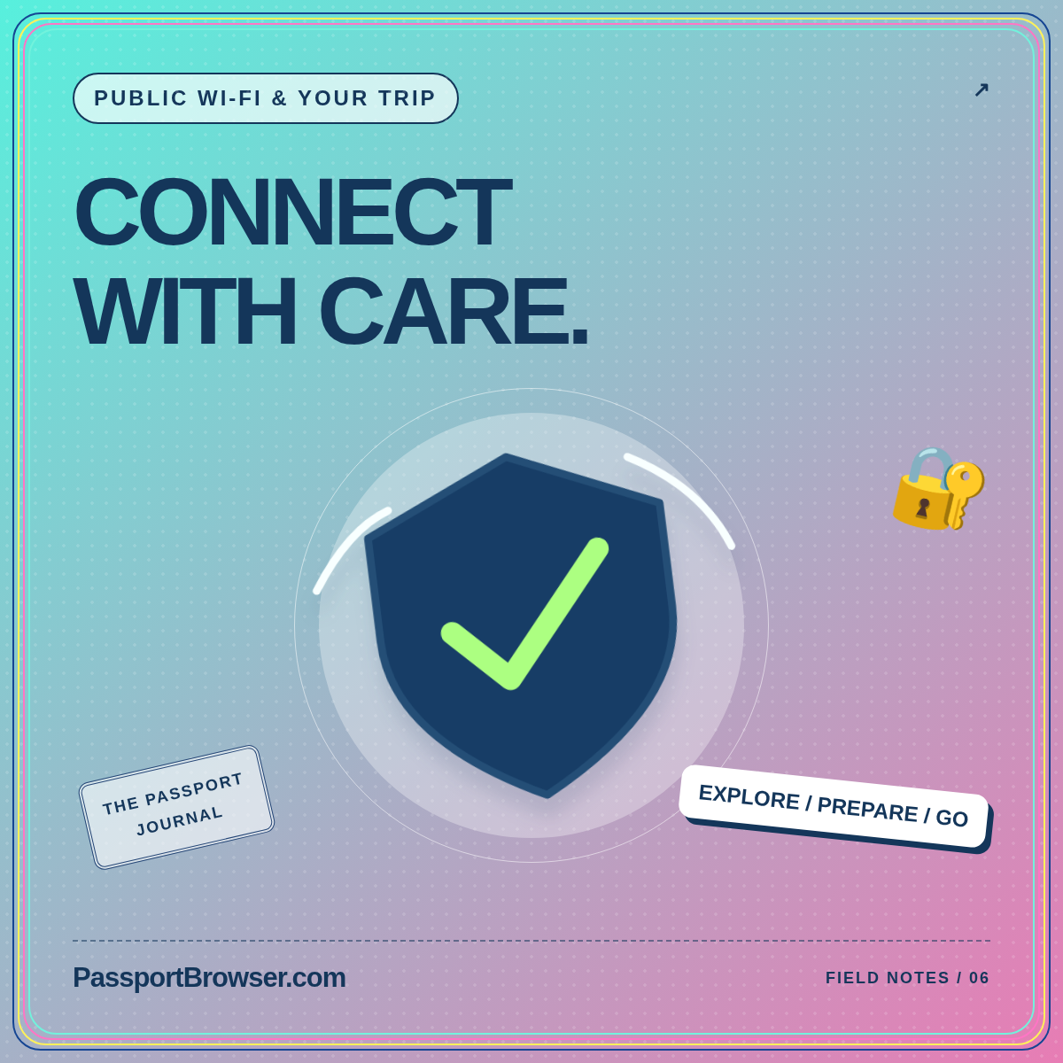 Stay connected. Stay thoughtful. Illustrated shield card branded PassportBrowser.com.